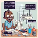 Illustrate an image that serves as a visual guide to accompany a mathematics question. The image should contain an organization of various operations and expenditures: A middle-aged, Black man getting his salary pay slip (let's call him Kinyua), a portion of that salary being used to pay school fees, another portion going towards utilities like electricity and water, and a smaller fraction being used for transportation. At the end of all these divisions, we see Kinyua has 8400. There should be no text on the image, it should purely be a visual representation of the story.