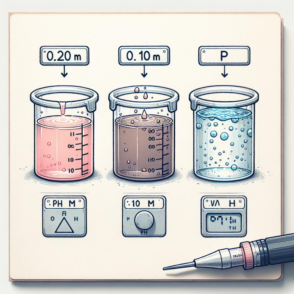Create an image of three distinct containers, each filled with a different type of liquid. The first container is small and filled with a light pink solution, representing 0.20 M formic acid. Beside it, display a medium-sized container filled with a brown solution, symbolizing 0.10 M sodium formate. Finally, depict a larger container filled with crystal clear water. Each container should be labeled with a unique symbol consistent with chemical lab samples: a triangle for formic acid, a square for sodium formate, and a circle for water. A simple pH meter should be seen next to these containers, indicating the process of pH calculation.