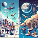 Generate an aesthetically appealing image of two scenes separated by a line in the center. On the left, a group of students of different genders and descents, including Hispanic and Latino, actively engaged in various educational activities such as studying math, learning English, doing scientific experiments, and practicing writing. On the right, illustrate a scene of the Kennedy Space Center with a rocket launch against a backdrop of the moon and a layer of ozone above the earth. Please, no text should be in the image.