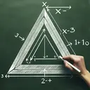 Create an image of a triangle with its side lengths visually varying. Let one side be medium length, representing variable 'x'. Another side which is slightly longer, representing 'x+3'. The longest side should be noticeably different in length representing '10'. Consider using a classic chalkboard green as background and draw the triangle using white chalk effect. Make sure the triangle is two-dimensional and it's drawn with clear, well-spaced strokes.