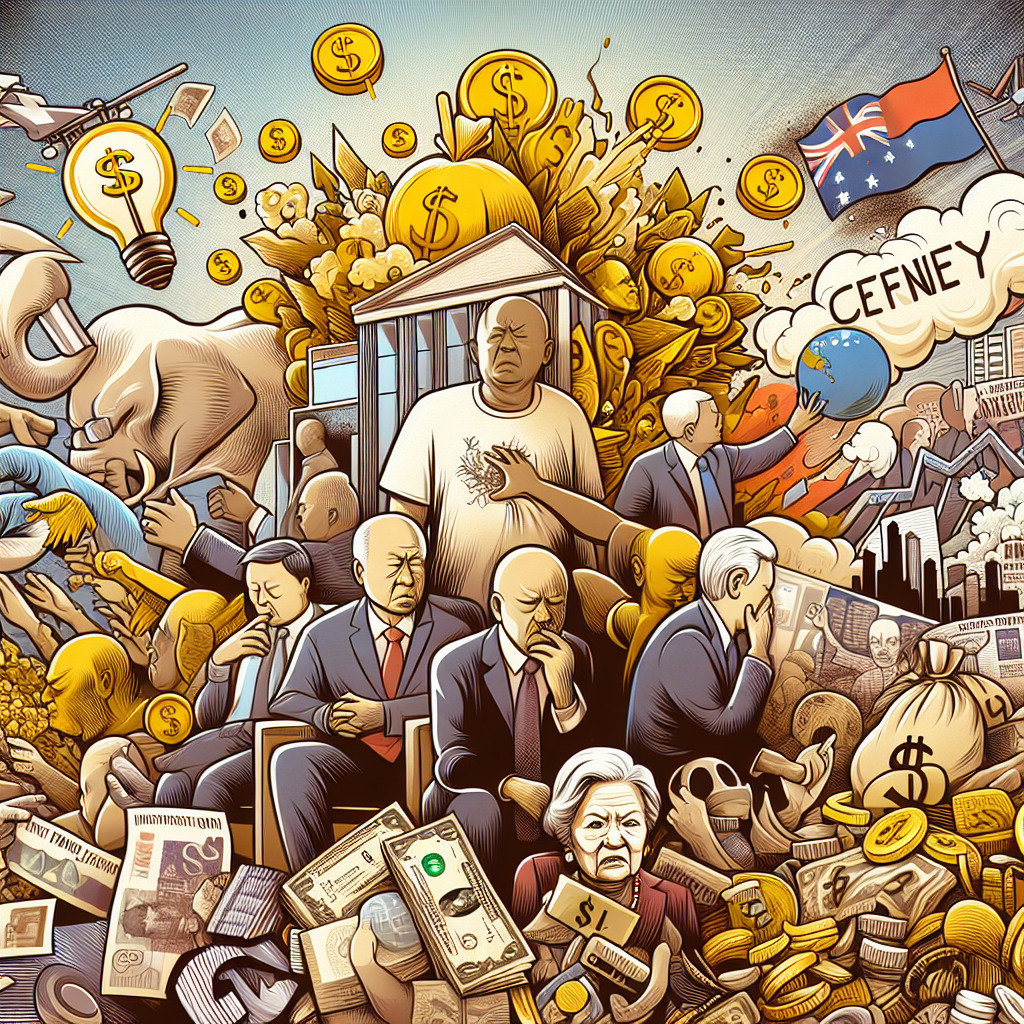 Illustrate a concept that shows the implications of political corruption impacting a nation's economy. Include depictions of citizens and government leaders where the citizens express a lack of confidence in the leaders. Also, illustrate metaphorical representations of money being wasted and potentially needed for investment. Be sure the elements of the image represent the energy, the worry, and the disarray involved. Please remember to keep the image free of any text content.