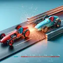Visualize a scenario where a 3-kg toy car, painted in vibrant red, is moving at a speed of 6 m/s on a smooth, gloss-finished track. It heads straight into a 2-kg toy car, coated in soothing blue, pacing in the opposite direction at a speed of 4 m/s. At the moment of contact, they give rise to a brilliant collision, where sparks litter the surface of the race track. Following this, they are locked together, moving at a speed of 2 m/s, hinting at a change in the kinetic energy of the system. No apparent damage appears on the cars, except for their locked posture. Remember, the image does not contain any text.