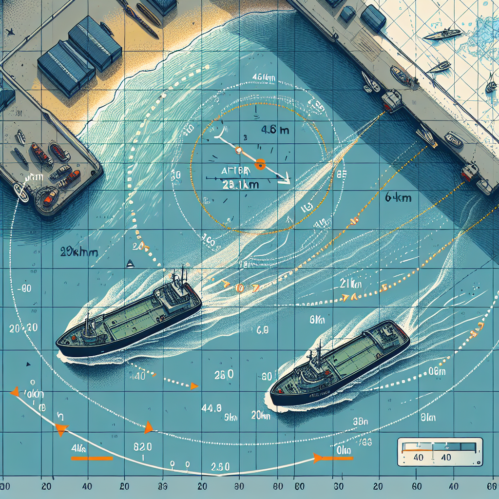 Create an illustration of a maritime scenario, seen from a birds-eye view. Depict two boats leaving a port depicted on the bottom side of the image. Boat #1, travels at a 45 degree angle towards the top right corner of the image, indicating its 15km/hr velocity using a dotted line with small number labels. Similarly show the Boat #2, which travels towards the top left side of the image, along an angle of 63 degrees, and indicate its 20km/hr velocity using a different colored dotted line. After two hours, render the second boat being directly north of the first boat. Additionally, draw a line representing the distance between both boats after the two hours; label this line '41.9km' to represent their final distance apart.