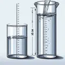 Illustrate an image showing two empty cylindrical containers side by side. The first cylinder should be smaller with a diameter of 14cm and a height of 20cm. The second cylinder should be larger with a diameter of 20cm. Both should be transparent and the first cylinder should indicate it was full of water and now being poured into the second one. The image should also capture the motion of water flowing from the smaller to the larger cylinder. Exclude any measurements, text, or numbers from the image.