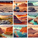 Create an educational visual showing a couple of different scenes. One showing Mars terrain with cross-bedded sandstones, reminiscent of where rover Opportunity landed. The rest should portray Earth's geographical features which include: the rugged beauty of Escalante Canyon in Utah with its unique stone structures, the channeled scablands in the northwestern United States, the fiery caldera at Kilauea, Hawaii, the vividly colored Rio Tinto in Spain, ancient cemented dunes in Zion National Park, Utah, intermittent flooding zones in the Andes, a representation of sea floor spreading zone, plankton in ocean sediments, an arid scene representative of the western United States, and finally, an illustration of dendritic channels. None of these visuals should include text.
