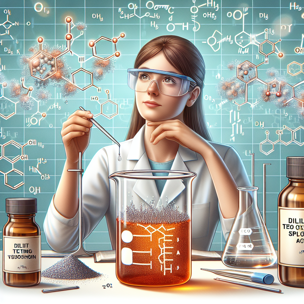 Display a detailed scientific illustration that indirectly explains the reaction between iron filings and dilute tetra oxosulphate (vi) acid. The scene should involve a laboratory setting with a Caucasian female scientist observing the reaction inside a beaker. She is wearing safety goggles and a lab coat. On the table, also represent an iron filing and a bottle with dilute tetra oxosulphate (vi) acid next to the beaker. For educational purposes, also include abstract representations of the molecules involved in the reaction floating around the beaker. Make sure to not include any text in the image.