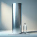 Create an image of a realistically rendered 3D cylindrical pipe, standing upright, with a length of 1 meter and diameter of 7 centimeters. The pipe is made of metallic material with a silver finish, situated in a minimalist, brightly lit environment. For scale, include a standard sized glass water bottle nearby. The pipe should be shown empty, with an observer's perspective implying it may be filled with water. Attribute no text or numbers to the scene.