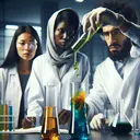 An image of a lab with a diverse group of three scientists. One South Asian female scientist in a lab coat is cautiously pouring a blue liquid from one test tube into another containing a yellow liquid, held by an African American male scientist. The third scientist, a Middle Eastern female, stands by carefully observing the experiment at a safe distance. An inadvertent mix of two liquid substances occurs, quickly merging to form a bright green solution. Importantly, the image contains no text.