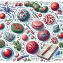 Create a visually engaging illustration that relates to the study of cells and their functions. The image should include artistic representations of various cell types. Show depictions of unicellular organisms such as an amoeba and euglena, as well as multicellular organisms. Also, depict the concept of cell specialties, such as a cell responsible for movement, and red and white blood cells carrying out specific functions. The image should flow in a logical manner, enabling viewers to indirectly answer the questions through visual elements. Do not include any text within the image.