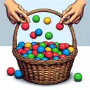 Create a vivid depiction of a wicker basket filled with brightly colored balls. Show 3 bright red balls, 5 deep blue balls, and 7 vibrant green balls all mixed together. Illustrate the size and color difference between the balls. Add some hands hovering above the basket that appear to be in the process of choosing and taking two balls from the mix. The balls should appear randomly scattered within the basket. The image must not contain any text.