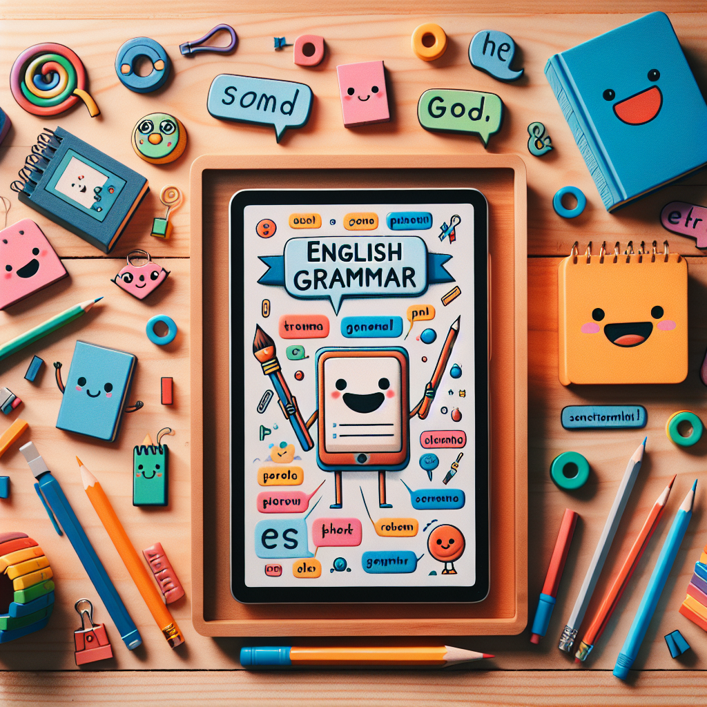 Create an engaging and enlightening image that shows an array of elements associated with English grammar, such pronouns and sentence structure, and their importance in communication. Despite the grammar-heavy focus, the image should invoke an atmosphere of relaxed learning, so include playful visuals like a book with smiling characters, colourful and cute notepads, and friendly looking pens and pencils, all placed on a bright wooden desk.