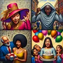 A picturesque visual representation of four different scenes corresponding to the sentences in the question. The first scene involves an individual, of Asian descent and of indeterminate gender, expressing delight at a fancy, flamboyant hat. In the second scene, a Black man is seen straining under the weight of a large, mysterious package. The third scene shows a Middle-Eastern woman pleasantly surprised, her eyes wide with joy as she unwraps a package. The fourth scene is of a Hispanic girl, holding 16 helium-filled balloons, signifying her 16th birthday, her face filled with jubilation.