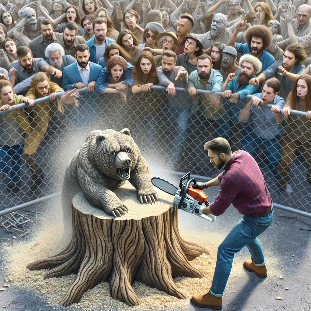 Create a vivid scene where a crowd of diverse people, of different genders and descents, are gathered around a chain-link fence in anticipation. An artist is set to start with his powerful chainsaw, near a large tree stump. Everyone is suddenly startled by the loud roar of the chainsaw starting, even though they expect the noise. The artist skilfully moves in rhythmic motions, lunging forward to carve into the stump. The spectators tilt their heads and narrow their eyes, trying to make out emerging shapes from the stump. As the day turns into evening, the artist finishes revealing a magnificent grizzly bear sculpted from the stump.