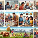 An academic setting presenting scenarios representing various grammatical concepts. Exhibit a diverse group of people: a Black man examining an extensive stamp collection, a South Asian woman observing a large herd of cattle, a Hispanic librarian offering assistance to a library visitor, and a crew of Middle-Eastern workers finishing a job. A scene of a Caucasian baseball player with friends; folks sitting in a park watching a little league game. A snowy mountain resort and a group planning a trip. Display a cousin's wedding, neighbors celebrating a birthday, and two friends having pizza. Finally, show a soccer team discussing the day's loss. No text is to be included in the image.