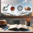 Visualize a serene learning environment with an open book. On the table next to the book there are four objects symbolizing the four questions: a magnifying glass for precision, a casual hat for informality, a geometric model for domain-specific language, and a sharp pencil for precise language. The scene is set in a well-lit, quiet room with a view of trees from the window. It has a studious and inviting atmosphere.