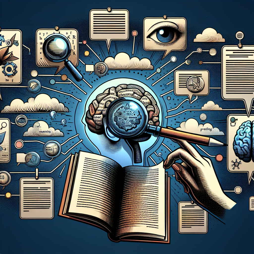 Generate an intriguing image that represents the concept of 'Determining Word Meaning' through context clues. Visualize this concept with a depiction of someone reading a book, surrounded by floating word bubbles. Each bubble illustrates different elements related to reading and comprehension such as a magnifying glass examining a word, brain processing information, and papers with highlighted texts. Ensure the image excludes any textual representations to abide by the request.