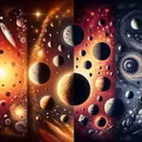 A thematic representation of the comparison of sizes in the solar system. Foreground the notable size differences between four pairs: moons and meteors, comets and planets, asteroids and comets, planets and meteors. Represent the pairings with symbolic visuals capturing their distinct characteristics, but avoid using any direct text labels. The image exudes a celestial beauty and elicits curiosity about the vastness of the solar system.