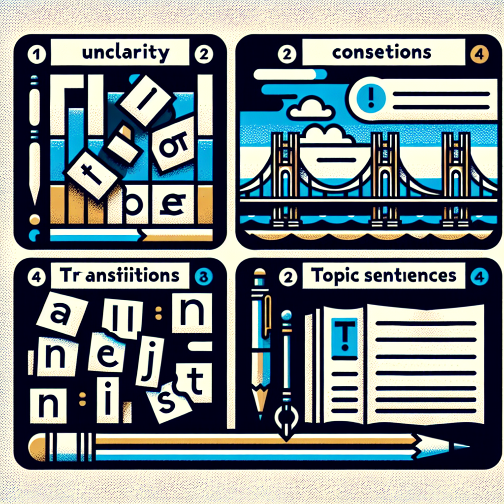 Create an image without any text that visually displays the concept of transitions and their role in writing. Illustrate four distinct pictorial segments to encompass the ideas in the question. For instance, depict disarranged letters to symbolize unclarity, a bridge connecting two bodies of text implying connection of ideas, a punctuation mark at the end of a sentence to symbolize transitions' placement, and lastly a highlighted sentence within a block of text as a reference to the term 'topic sentences'.