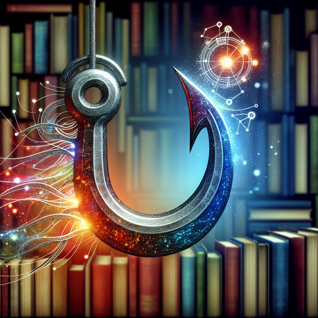 Create an abstraction of the concept of a 'hook'. Depict a large fishing hook, made of shimmering silver metal with an intricate design, suspended in the air amidst a backdrop of multicolored books blurred in the distance. On either side of the hook, illustrate symbols of interest and attraction such as a glowing magnet and a shining star. However, make sure that the image does not contain any text.