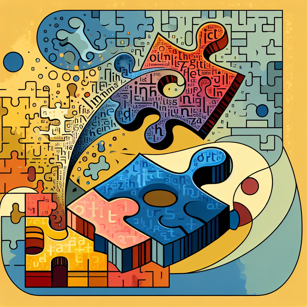 Illustrate an abstract concept of a word, possibly represented as a puzzle piece, fitting into the structure of the language. Then, depict a prefix as a smaller puzzle piece being added to the start of the original word, thus altering the shape and symbolizing the change in its meaning. Emphasize a vivid color difference between the original word puzzle piece and the prefix for clarity. Do not include any text in the image.