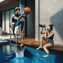 Generate an image of two teenagers experimenting with a basketball by a pool. One is a Black male, on the cusp of dropping the ball from a height; he is poised on a 5-meter board above the pool with the ball in his hands. The other is an East Asian Female holding a camera to record the action. Both wear swimming costumes and have excited expressions. The pool's water is calm, but the imminent splash ripples are subtly visible at the spot where the ball will hit.