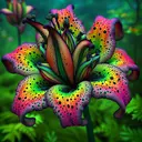 Visualize a unique, vibrant and multicolored flower with an unusual charm. The petals are dotted with dark specks, a striking emulation of decaying organic substance. This enigmatic trait serves a crucial biological function, attracting flies for pollination assistance. Set against a lush, green backdrop, this botanical wonder stands out, captivating the viewer with its bizarre beauty.