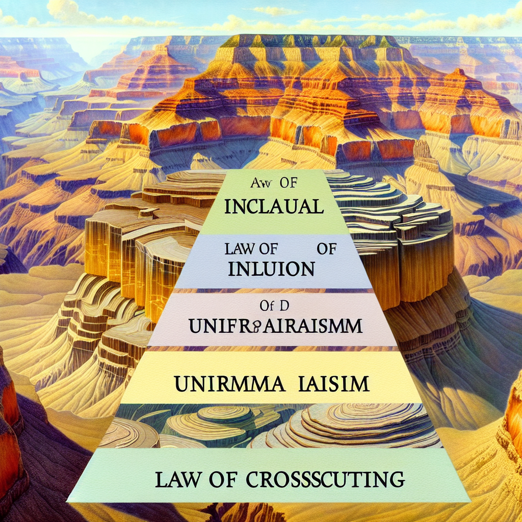 An illustrative image that represents the essence of the following concepts: the grandeur and the age of the Grand Canyon, a depiction of various fossil layers in the canyon, and the visual representation of the four geological principles mentioned: law of inclusion, uniformitarianism, correlation, and law of crosscutting. Do not include any text in the image. Create an image that embodies educational and scientific atmosphere to accompany these questions.