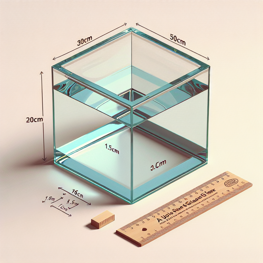 Create an image of an open glass cuboid fish tank, with external measurements of 30cm deep, and a base of 16cm by 17cm. The glass of the fish tank is 0.5cm thick, and its mass is visualized as being 3g/cm^3. The image should display the tank empty, allowing for an accurate representation of its unique characteristics. There should be a scale or ruler for size comparison in the image, to emphasize the given dimensions. No written text should be present in the image.