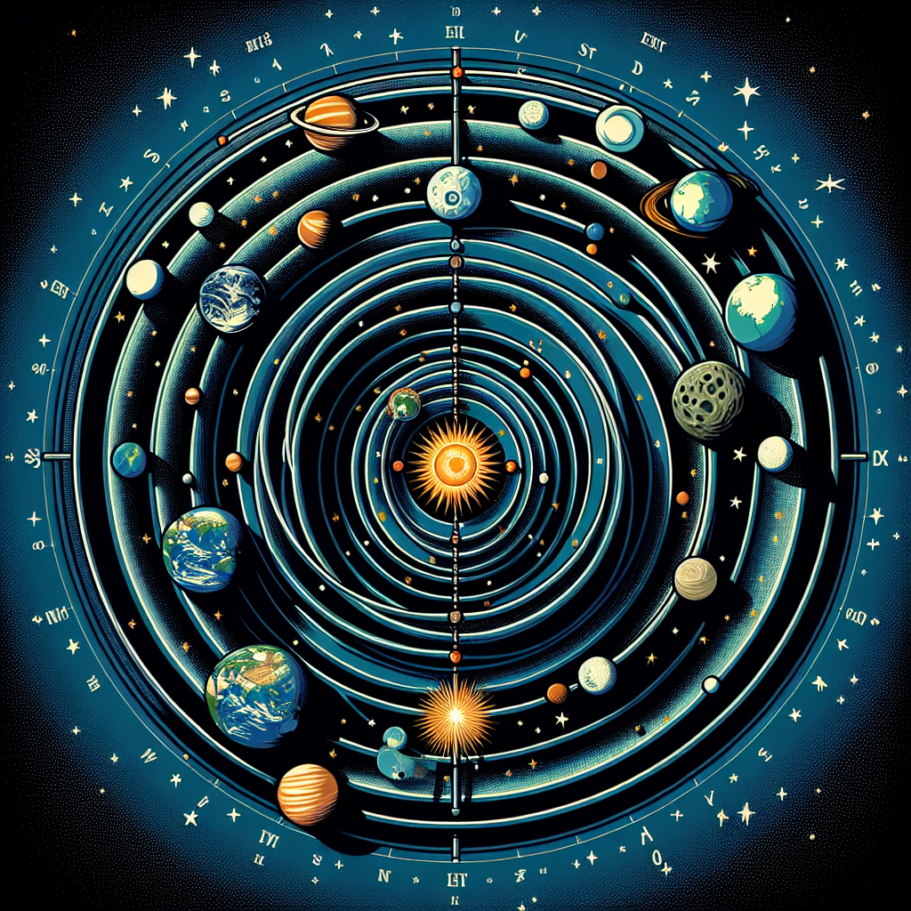 An educational and intriguing visual representation of the geocentric model of the universe. This image should show the Earth stationary in the center, with other celestial bodies, including the Sun, Moon, and moving around it in circular paths. To emphasize the point, also depict the movement of stars across the sky from the perspective of someone on Earth, signifying the illusion of Earth's stability and non-motion, which led to acceptance of the geocentric theory. Remember, the image should have no text included.