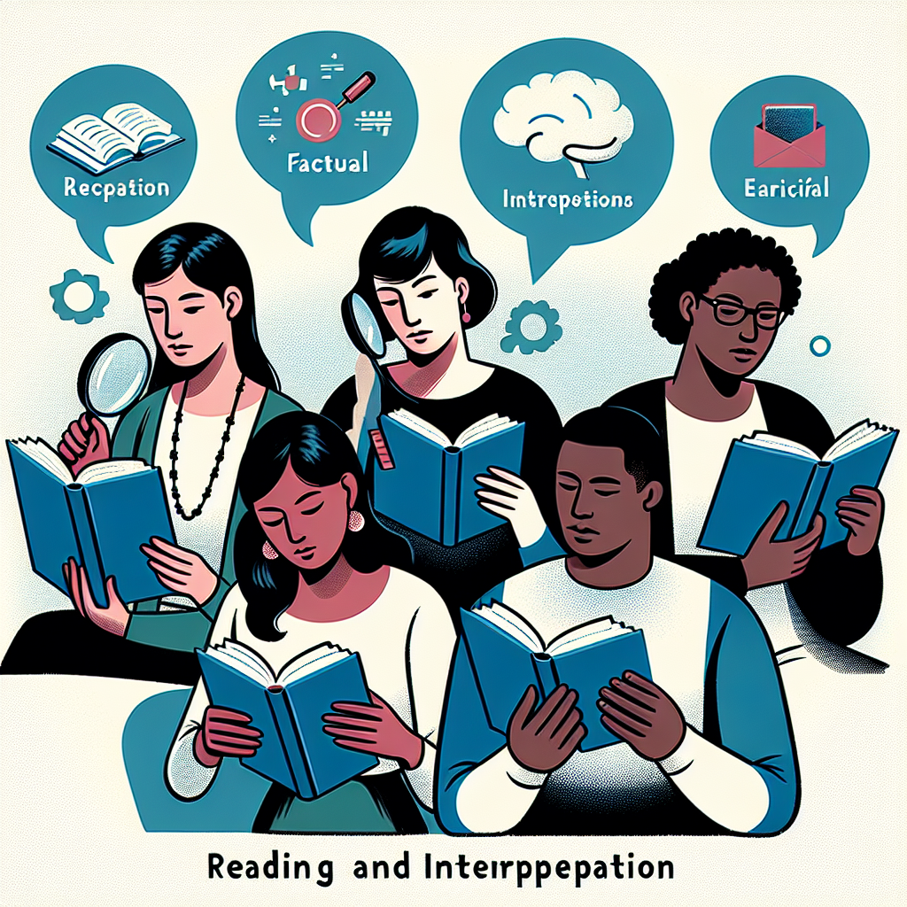 Create an illustration showing the concept of reading and interpretation. Depict four different individuals of varying descent and gender each engaged with a book. The first person, a Caucasian woman, is poring over a book with a magnifying glass, symbolizing a factual reader. The second person, a Hispanic man, is reading with thought bubbles indicating interpretations. The third person, an Asian woman, is cross-checking a book with another, indicating the characteristic of an accurate reader. The fourth person, a Black man, is reading while jotting down notes, symbolizing a critical reader.