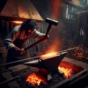 Depict a realistic scenario in a dark old-world blacksmith workshop where a blacksmith, portrayed as a South Asian male, is hard at work. He is using a large, heavy hammer to strike a long piece of metal, which is nestled securely in the glowing embers of the forge. Sparks are flying off in various directions as his hammer lands on the metal. The metal, initially tarnished and dull, begins to turn a bright orange-red color as the temperature continues to rise, showcasing the process of metal becoming malleable under immense heat.