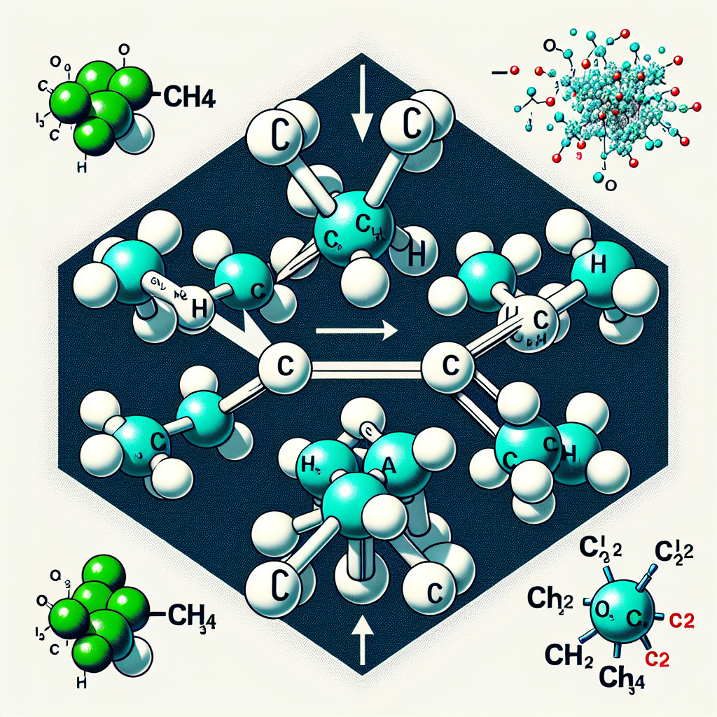 A visual representation of a chemical reaction. On the left side, depict 2 molecules of methane (CH4), represented as tetrahedral molecules with a central carbon atom connected to four hydrogen atoms. Surround these molecules with an excess of chlorine gas (Cl2) molecules, each represented as two green balls connected by a line. On the right side of the image, depict an arrow leading to a complex molecule represented as carbon tetrachloride (CCl4). This molecule should be shown as one large carbon atom at the center connected to four smaller chlorine atoms. Make sure no text is included in the illustration.