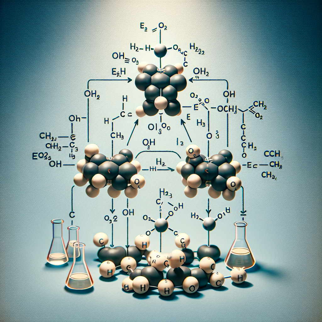 Create an image illustrating the process of ethanol production from glucose without any text on it. Show a balanced equation with the glucose molecule splitting into two ethanol molecules and two carbon dioxide molecules. Each substance should be represented by its structural formula: glucose as a hexagonal ring of Carbon and Hydrogen atoms, ethanol as a two-carbon chain with an OH group, and carbon dioxide as a linear molecule with a carbon atom in the middle and an oxygen atom on each side. The weights of glucose and ethanol could be represented as conceptual weights without any actual text.