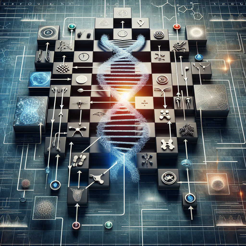 Create an impactful scientific visualization illustrating the concepts of gene mutation and its potential influences on an organism's traits. Use the metaphor of an abstract chess board with multiple pathways, denoting the various potential outcomes - positive, negative, or neutral. Further elaborate the concept with a symbol of the chromosome, shown as a structure that contains all the elements signifying 'gene', 'chromatid', and 'centromere'. The image should reflect a sense of discovery and intrigue to make the concepts clearly understandable and engaging, while ensuring no text is included in it.