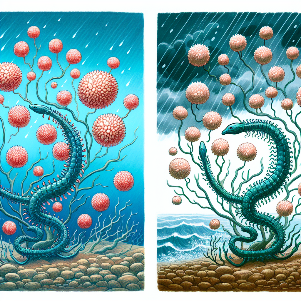 Create an image depicting a coral-like hydra in its natural aquatic environment. Illustrate two distinct scenes of reproduction: one sexual and one asexual. In the sexual scene, show different hydras mingling and creating a diverse set of offspring. In the asexual scene, depict a lone hydra producing identical offspring. To represent difficult conditions, show stormy weather or turbulent water in the background.