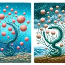 Create an image depicting a coral-like hydra in its natural aquatic environment. Illustrate two distinct scenes of reproduction: one sexual and one asexual. In the sexual scene, show different hydras mingling and creating a diverse set of offspring. In the asexual scene, depict a lone hydra producing identical offspring. To represent difficult conditions, show stormy weather or turbulent water in the background.