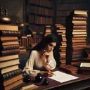 A Middle-Eastern woman sits at a large wooden desk, surrounded by tall stacks of ancient books. Her dark eyes are deep in thought as she contemplates a complex problem. The desk is cluttered, yet organized, with different types of books – some physics, others philosophy. There's a blank sheet of white paper before her, along with an inkwell and a traditional feather quill. The room is dimly lit, allowing the warm glow from an old-fashioned desk lamp to highlight her figure, creating a serene and studious ambiance.