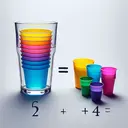 An image of a transparent glass container filled with six colorful cups. Beside the glass are four colorful pint containers. The arrangement serves as a visual demonstration of the ratio and fraction 6 cups to 4 pints, which simplifies to 3/2.