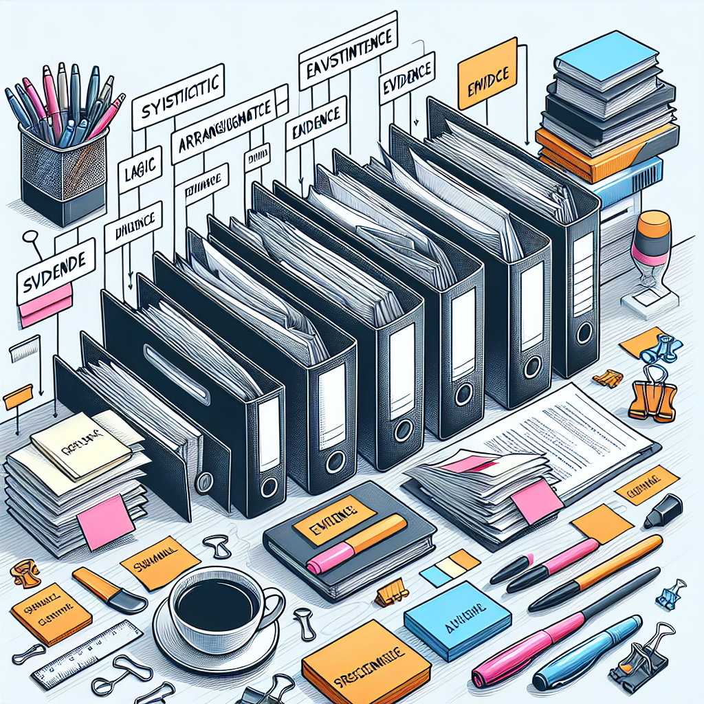 Illustrate a meticulously organized workspace with papers and folders arranged systematically. The folders are well labeled indicating a logical organization, akin to the systematic arrangement of evidence in a persuasive text. Add elements that reflect diligence and strategic planning, such as pens, highlighters, sticky notes, and a cup of coffee on the desk.