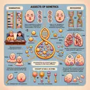 A science visual detailing aspects of genetics in a non-textual manner. Include representation of a gene, consisting of two alleles, demonstrating the concept of dominance and recessiveness. Display a set of parents passing down one allele each to their offspring, and the offspring demonstrating characteristics influenced by genetic attributes like freckles but not acquired traits like scars. Show the combination of egg and sperm to form a zygote, and how the contributors from each parent impacts the offspring's traits. Finally, depict an incorrect concept to contrast, such as a portrayal of each parent passing down two alleles to their offspring.