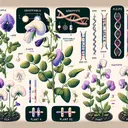 Create a detailed illustration with different elements to support the following concepts: pea plants showcasing purple and white flowers, with a symbolic representation of the genotype 'Pp', 'PP', and 'pp'; an observable trait in a creature suggesting the concept of phenotype; a structure carrying genetic information, maybe a DNA strand; various forms of genes representing alleles; and finally, three pea plants demonstrating varying heights, labeled as Plant A, Plant B, and Plant C, signifying the different genotypes 'tt', 'TT', and 'Tt'. The image should contain no text.