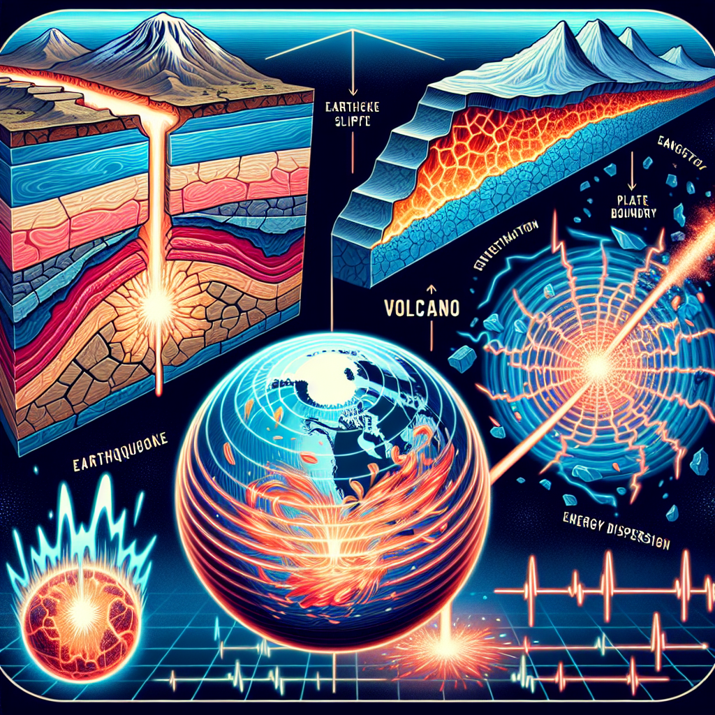 An image that captures the essence of geology and seismology, highlighting three main components: earthquakes, volcanoes, and energy dispersion. On one side, depict the cross-section of Earth's crust slipping along a fault line representing an earthquake. Beside it, illustrate a volcano at a plate boundary, with lava bursting out. Finally, show a visual of energy radiating out in all directions from a point underground to represent the energy produced by the crust's movement. The elements should be stylized and engaging, but with scientific precision, and contains no text.