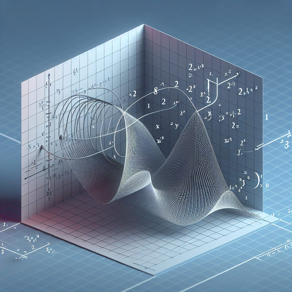A visually appealing mathematical scene representing a complex calculus concept. Depict a 3D graph that represents the function xy^2 + 2xy = 8 in the Cartesian coordinate system, with emphasis on the point (1,2). Make sure to illustrate a tangent line at this point to symbolize the concept of 'y prime' or the derivative. Maintain an abstract and geometric representation while ensuring that the image contains no text.