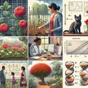 An image depicting a diverse scene related to a scientific study of plant growth, representing Ruby's garden with varying species of plants (A, B, C, and D). Show one Middle Eastern woman taking measures of the different plant species' heights under similar conditions throughout a week. Also include a scene of her researching journal articles about each species' growth rate. In another corner of the image, showcase a sequence of a black male measuring the weight of a kitten over 5 days. Additionally, represent a mathematical equation symbolically portraying the growth rate of plants. Finally, combine these visual elements cohesively to artistically represent concepts of genetics, growth, and scientific research without the use of text.