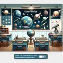 Visualize an image of a classroom set-up emphasizing the focus on 'Other Worlds' to match the mood of a unit test. Include details such as a teacher's desk, students' desks, a world globe, a telescope, and some educational posters showcasing different planets and galaxies without texts. Also, portray the image with an aura of satisfaction as the test has been completed.