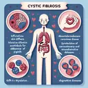 Create an informative, visually appealing and considerate image that depicts the effects of cystic fibrosis. The image should show symbolic depictions of four elements: an illustration representing skin disorders, a visual cue for absence of pigment, symbols for circulatory and cardiovascular diseases, as well as symbolic illustrations for respiratory and digestive issues. The image should not contain text. Gift it a gentle, educational tone but avoid creating anything that could cause distress or discomfort.