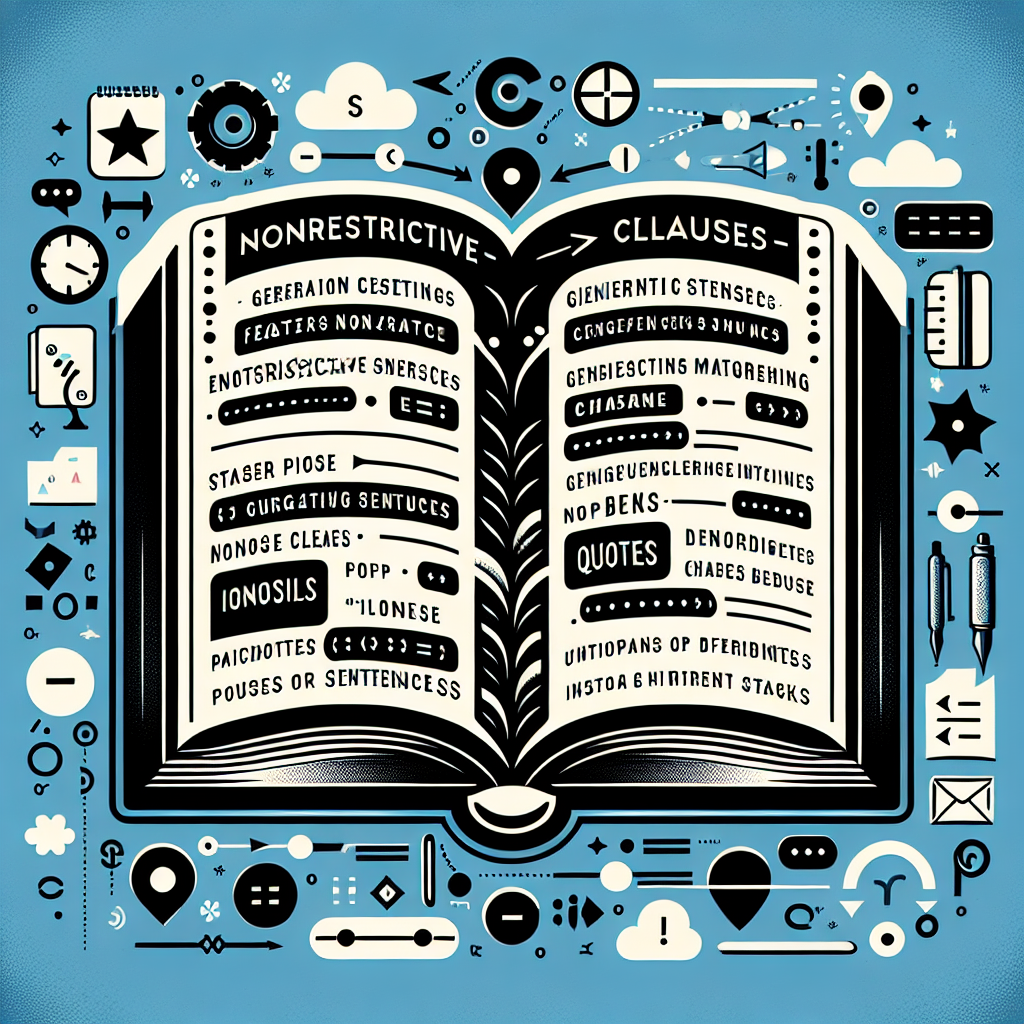 Visualize an image representing the concept of nonrestrictive clauses. This could include: a picture of an open book with generic sentences featuring nonrestrictive clauses, emphasizing on pauses or breaks that these clauses induce in sentences. Also, incorporate symbols of different punctuation marks namely periods, dashes, colons, parentheses, and quotes. But remember, image should be devoid of any text.