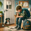 Create an image depicting a schoolboy, Isaac, who is looking exhausted with his backpack on, sitting on his bed and contemplating whether to start his homework or take a break. Show the tidiness of his room and a dog named Boomer, peeking from the door, as if waiting for a scheduled walk. The imagery should evoke emotions of exhaustion, overwork, and a longing for leisure amidst responsibilities.