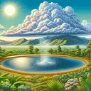 Illustrate the process of evaporation and condensation. Create a detailed image showcasing a serene lake surrounded by lush vegetation under the bright sun. The lake's surface is gently disturbed, showing signs of evaporation. High above the lake, thick cumulus clouds are forming, an indication of condensation. The overall environment portrays a cyclical and balanced equilibrium.
