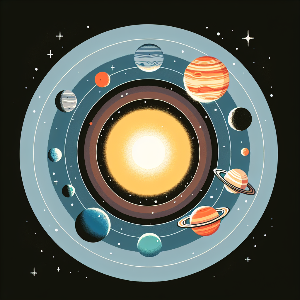 A simple, yet detailed illustration of our solar system. The Sun is in the center, emitting light. The closest planet, Mercury, is illustrated as small and gray. Next is Venus, larger than Mercury and depicted in various warm tones. Then comes Earth, the third planet, looking blue and green. Mars, the fourth planet, is red and smaller than Earth. Further away are the gaseous giants — Jupiter, Saturn, Uranus, and Neptune, each depicted with their distinct colors and sizes. Outer space is filled with shining stars. The image as a whole shows the position of Earth in the solar system but doesn't indicate anything more.